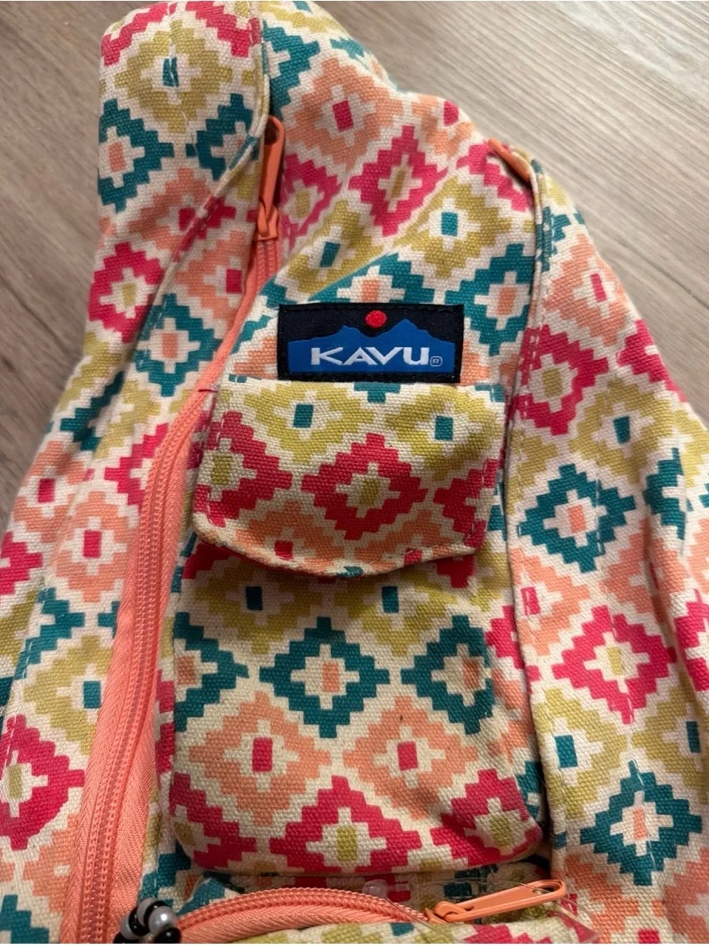 Kavu Multicolor Geometric Rope Sling Bag - Coral, Teal, Mustard